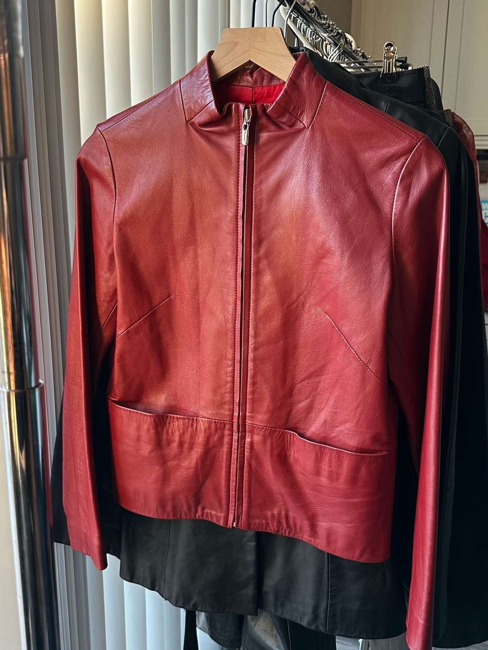 Y2K Red Leather MOTO Jacket Zip Front Fitted-S